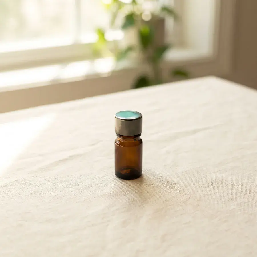 A single amber dose vial standing on ivory linen in window light.