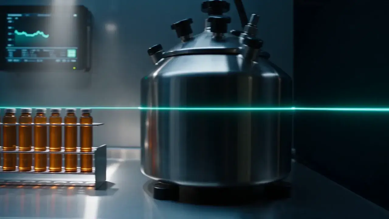 A compounding vessel and a rack of amber vials on a stainless bench.