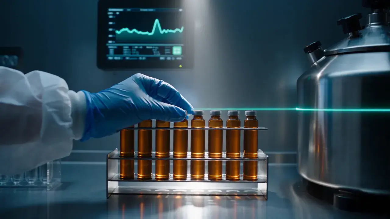 A gloved hand adjusting a rack of amber vials beside a monitor showing a waveform.