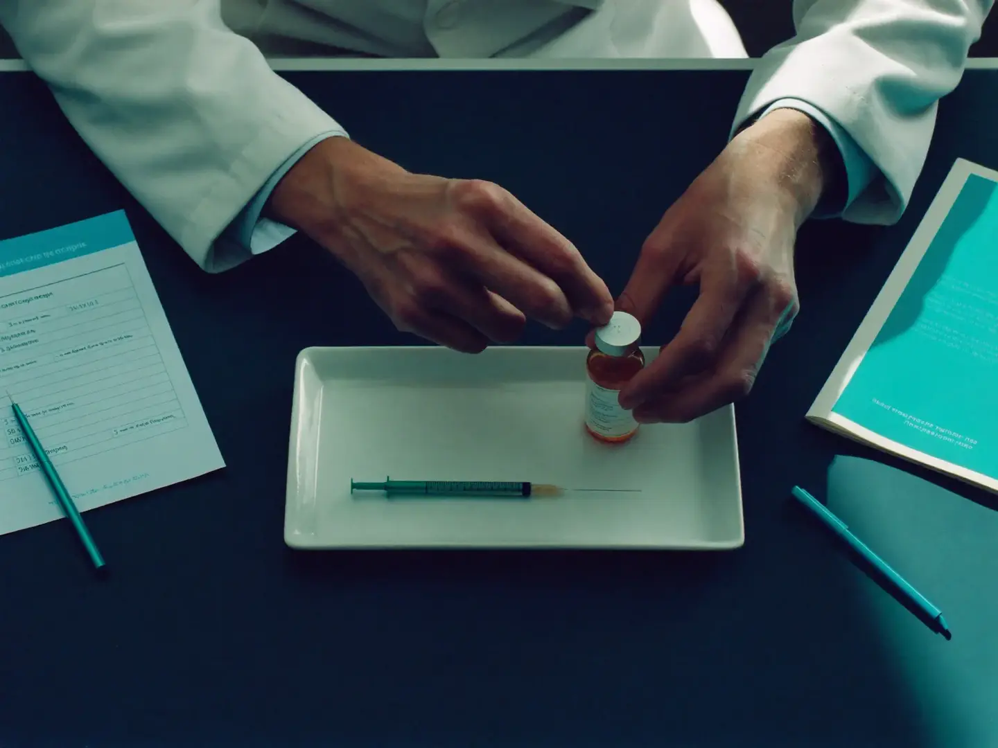 A physician’s hands lifting the cap from an amber vial on a white ceramic tray, a lab requisition and teal pen alongside.