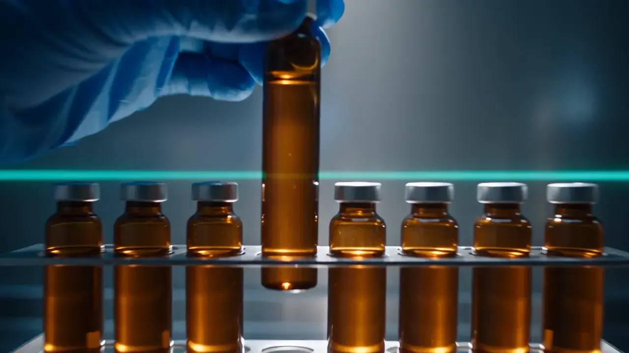 A gloved hand lifting one amber vial from a rack under a teal light line.