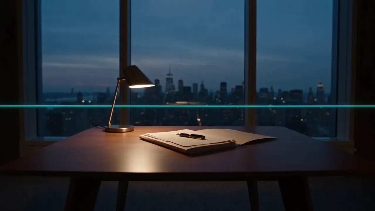 A lamp-lit desk with an open dossier, city skyline at dusk beyond the window.