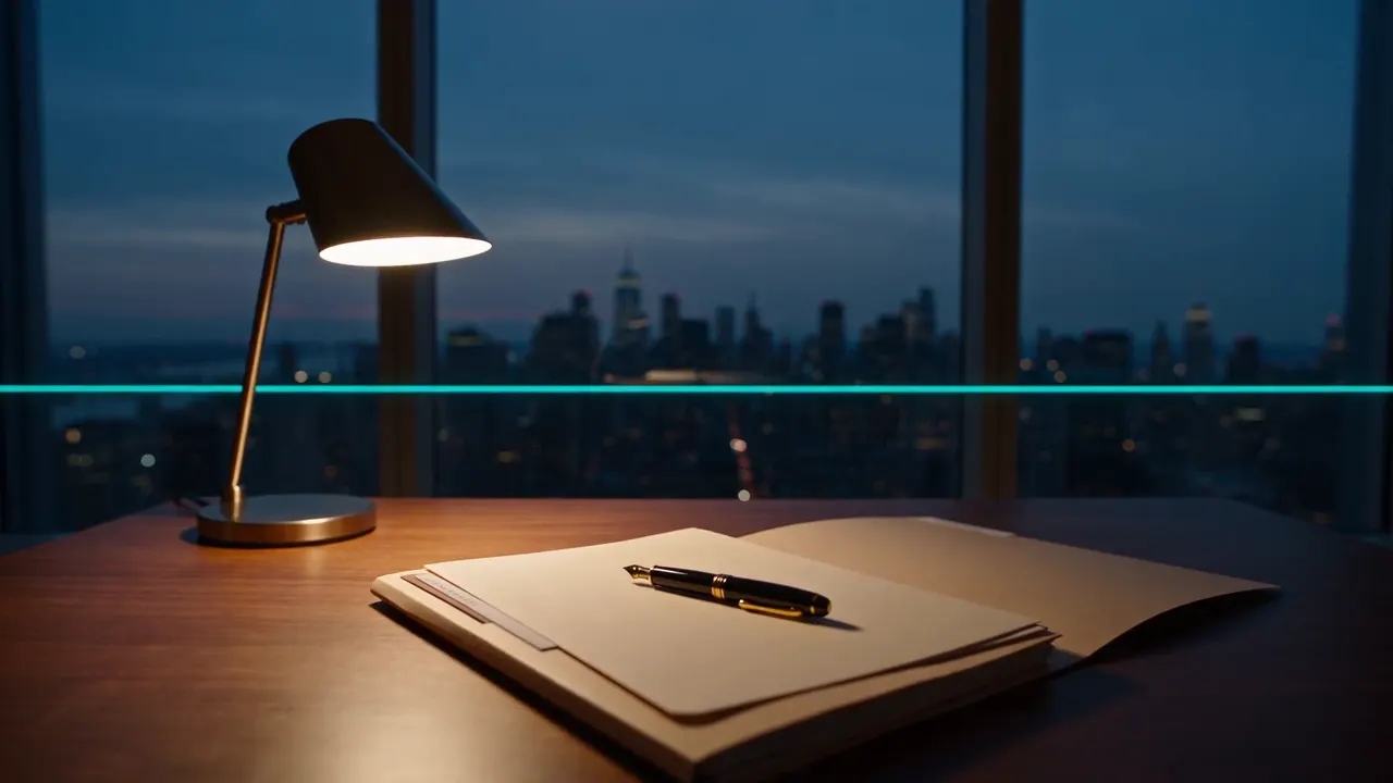 An open dossier and a pen on a walnut desk at dusk, city lights beyond.