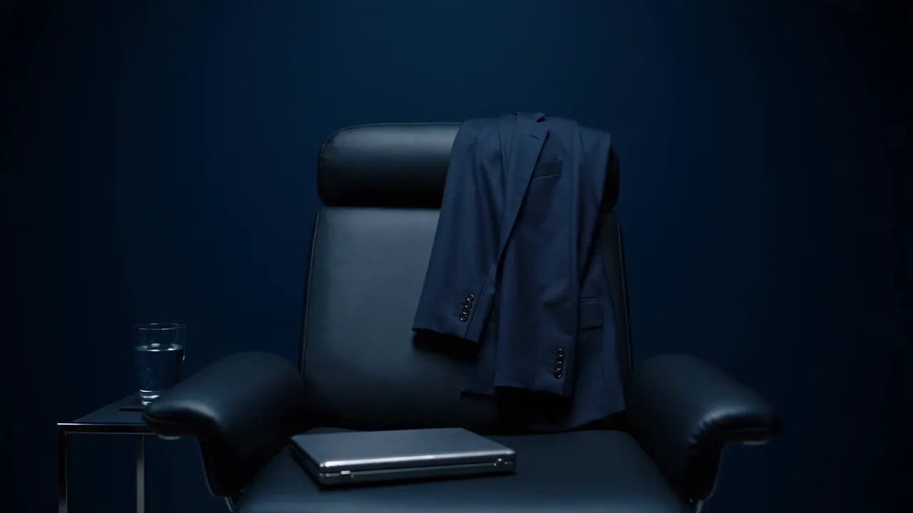 A dark consulting room with a leather chair and a jacket over its back.
